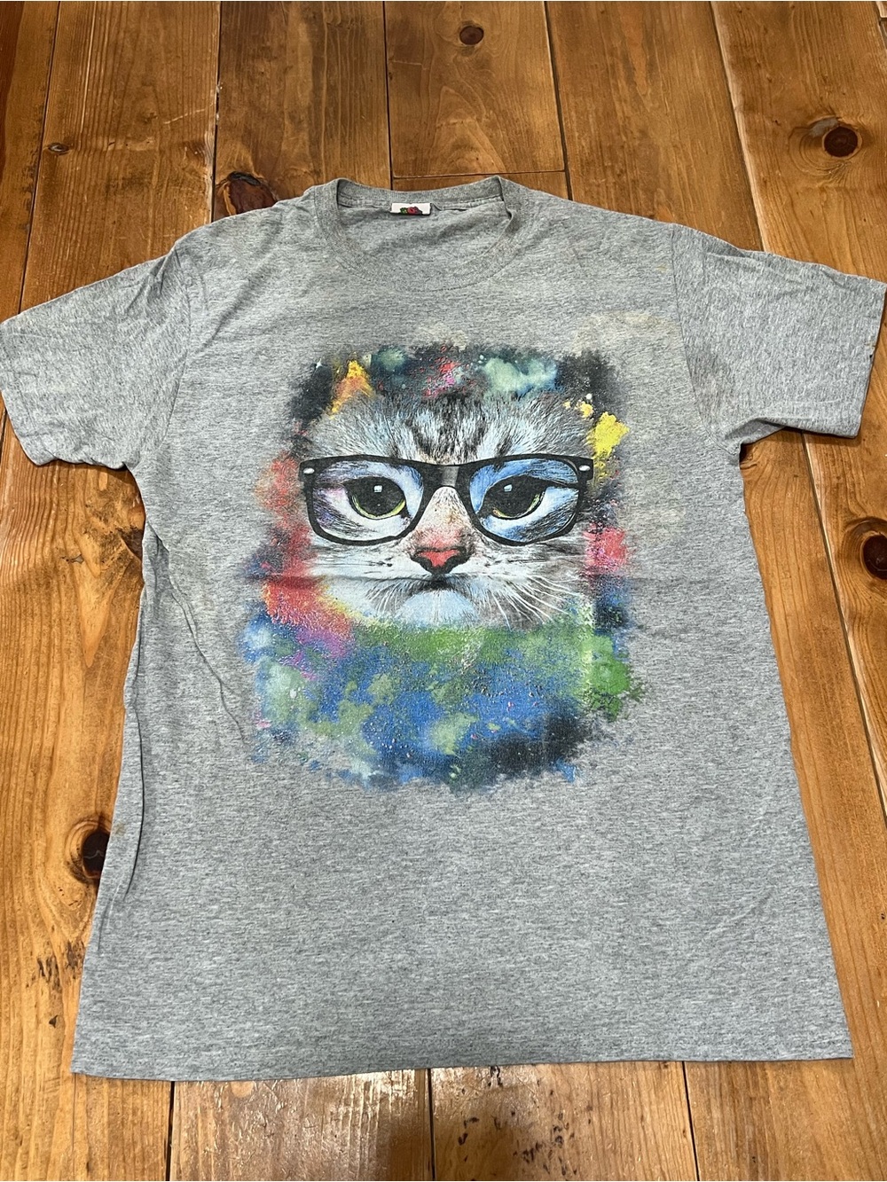 Gray Cat Graphic T-Shirt with Glasses - Unbranded